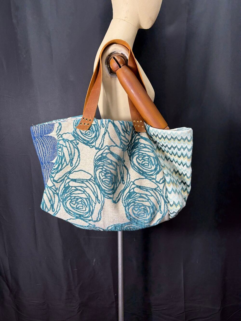 Large Patchwork Satchel Handcrafted Bag Leather Straps Blue Aqua Designer Fabric